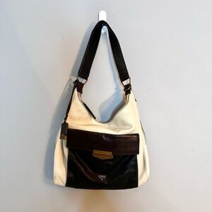 FOSSIL Leather Purse, Tote Bag, Cream, Brown & Black VINTAGE EUC